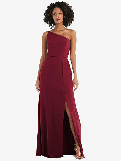 【STYLE: 1544】Skinny One-Shoulder Trumpet Gown with Front Slit【COLOR: Burgundy】