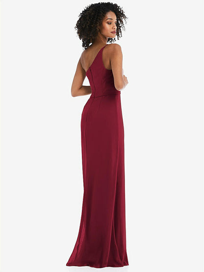 【STYLE: 1544】Skinny One-Shoulder Trumpet Gown with Front Slit【COLOR: Burgundy】