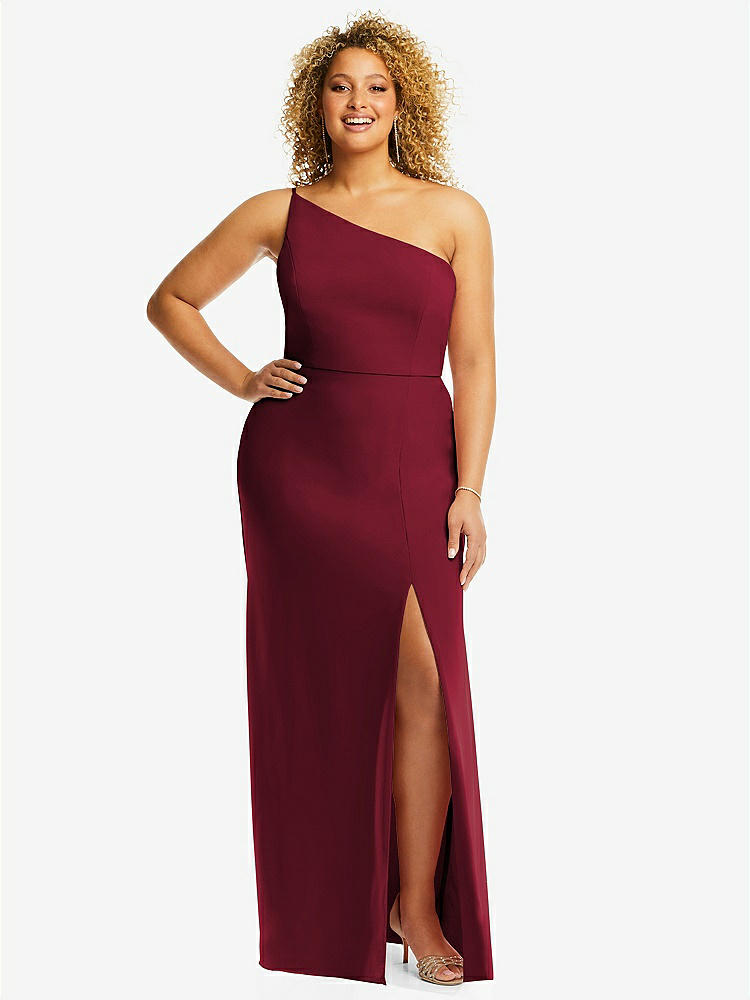 【STYLE: 1544】Skinny One-Shoulder Trumpet Gown with Front Slit【COLOR: Burgundy】
