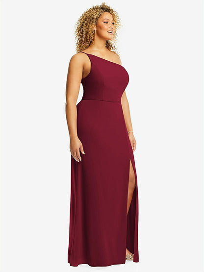 【STYLE: 1544】Skinny One-Shoulder Trumpet Gown with Front Slit【COLOR: Burgundy】