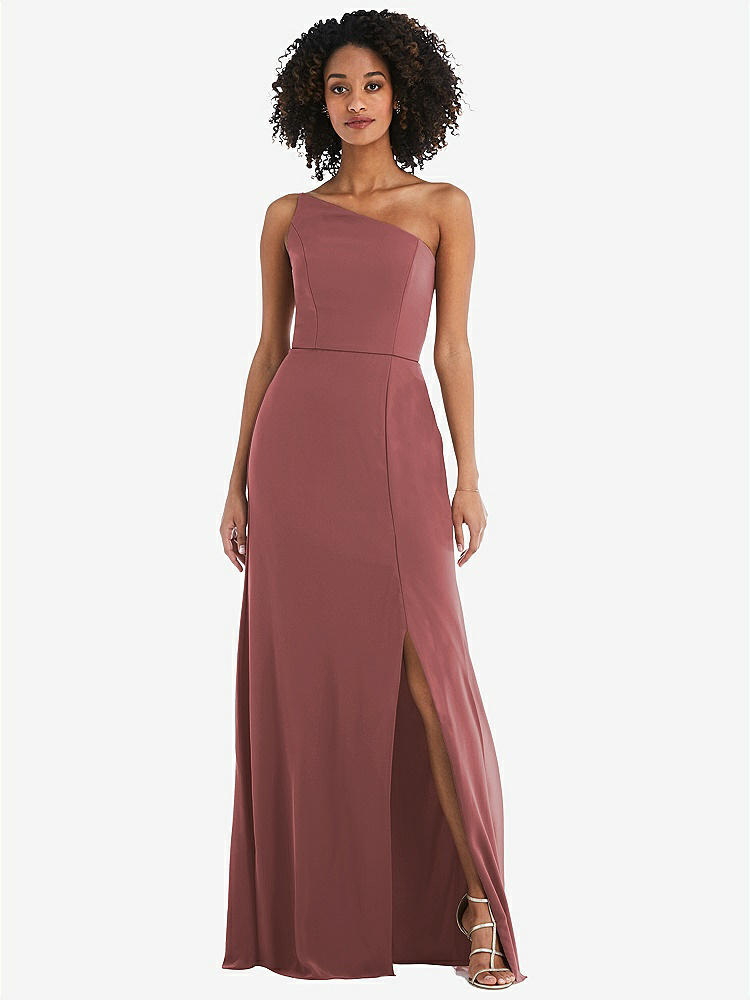 【STYLE: 1544】Skinny One-Shoulder Trumpet Gown with Front Slit【COLOR: English Rose】