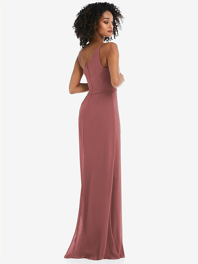 【STYLE: 1544】Skinny One-Shoulder Trumpet Gown with Front Slit【COLOR: English Rose】
