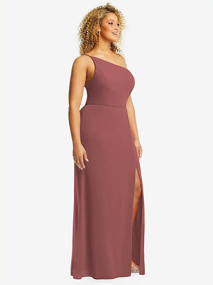 【STYLE: 1544】Skinny One-Shoulder Trumpet Gown with Front Slit【COLOR: English Rose】