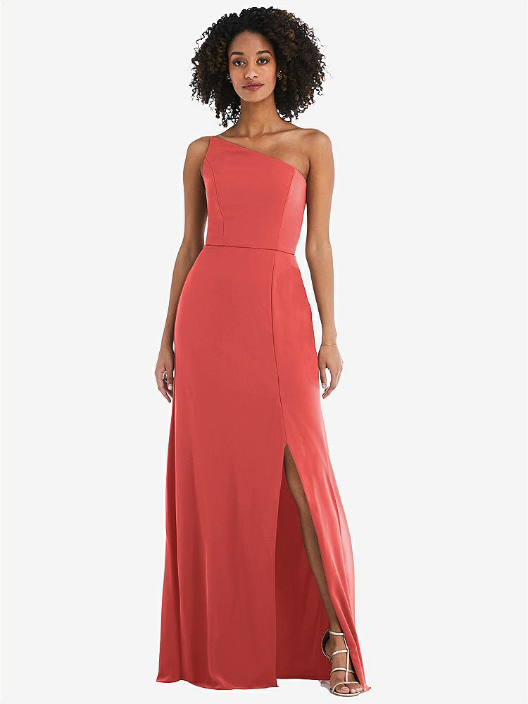【STYLE: 1544】Skinny One-Shoulder Trumpet Gown with Front Slit【COLOR: Perfect Coral】