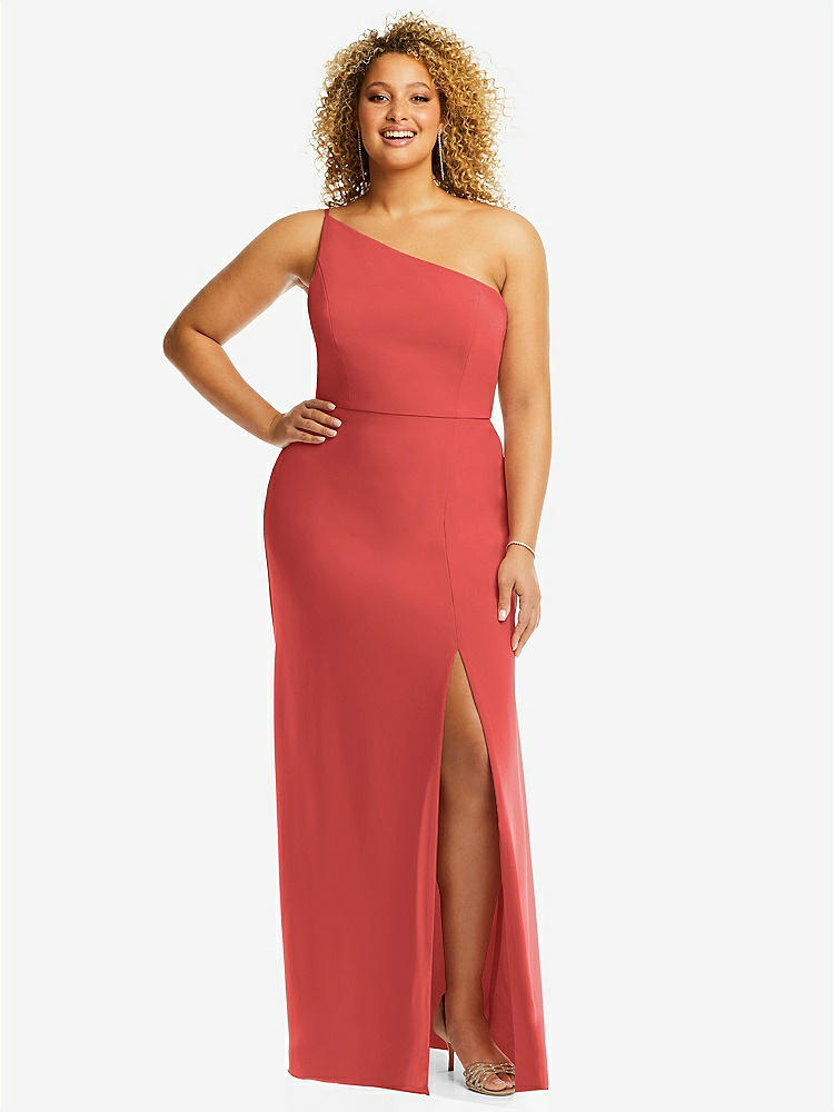【STYLE: 1544】Skinny One-Shoulder Trumpet Gown with Front Slit【COLOR: Perfect Coral】