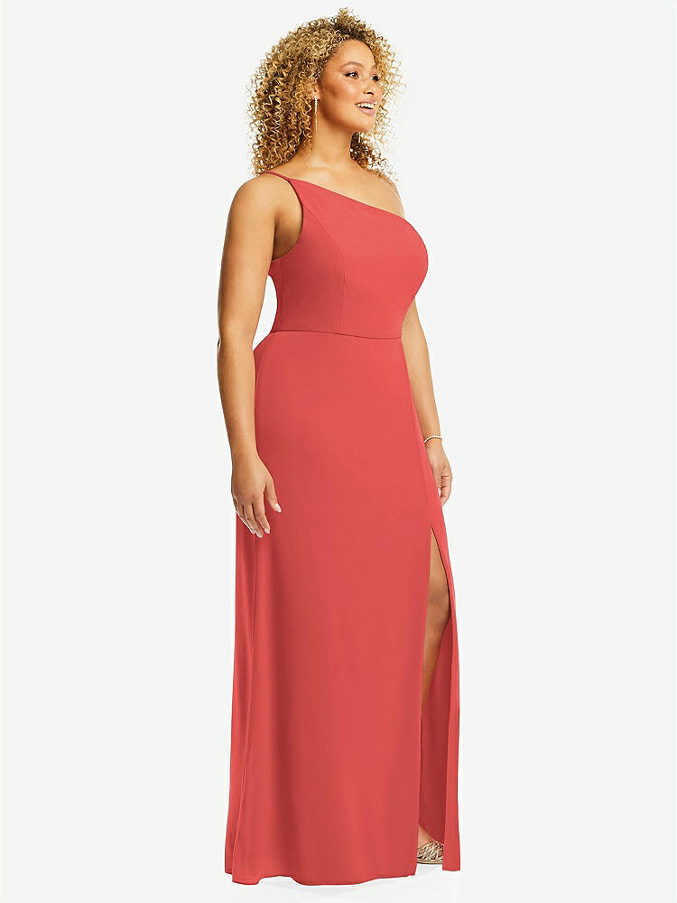 【STYLE: 1544】Skinny One-Shoulder Trumpet Gown with Front Slit【COLOR: Perfect Coral】