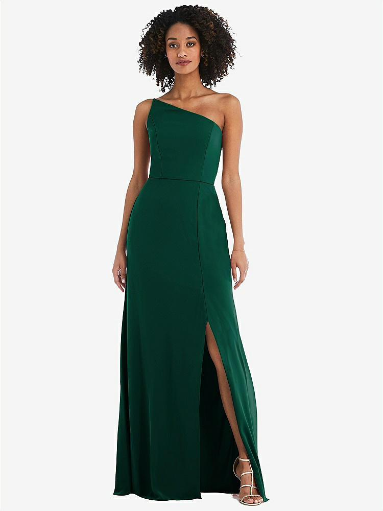 【STYLE: 1544】Skinny One-Shoulder Trumpet Gown with Front Slit【COLOR: Hunter Green】