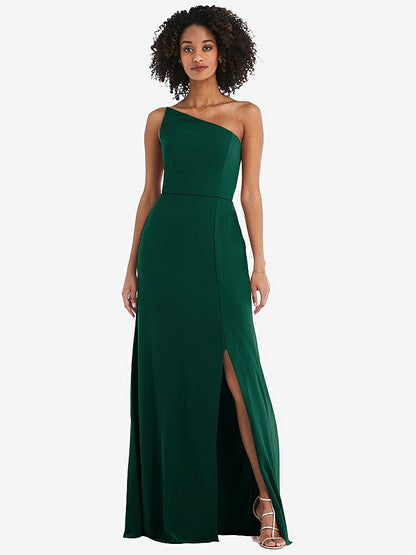 【STYLE: 1544】Skinny One-Shoulder Trumpet Gown with Front Slit【COLOR: Hunter Green】