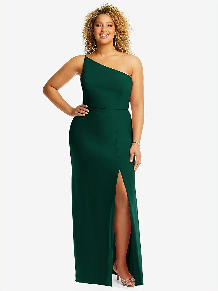 【STYLE: 1544】Skinny One-Shoulder Trumpet Gown with Front Slit【COLOR: Hunter Green】