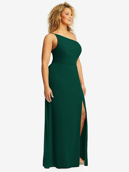 【STYLE: 1544】Skinny One-Shoulder Trumpet Gown with Front Slit【COLOR: Hunter Green】