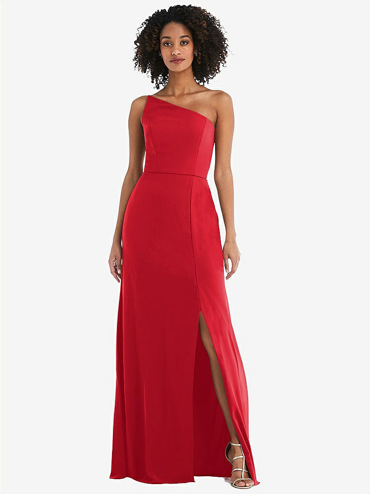 【STYLE: 1544】Skinny One-Shoulder Trumpet Gown with Front Slit【COLOR: Parisian Red】