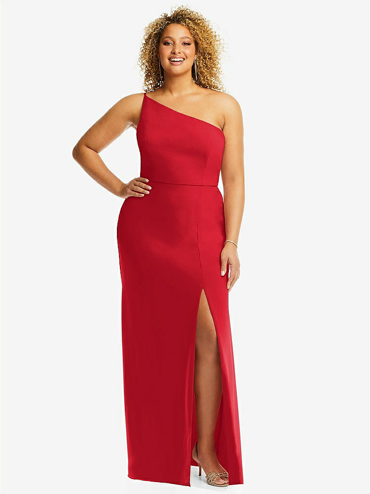 【STYLE: 1544】Skinny One-Shoulder Trumpet Gown with Front Slit【COLOR: Parisian Red】