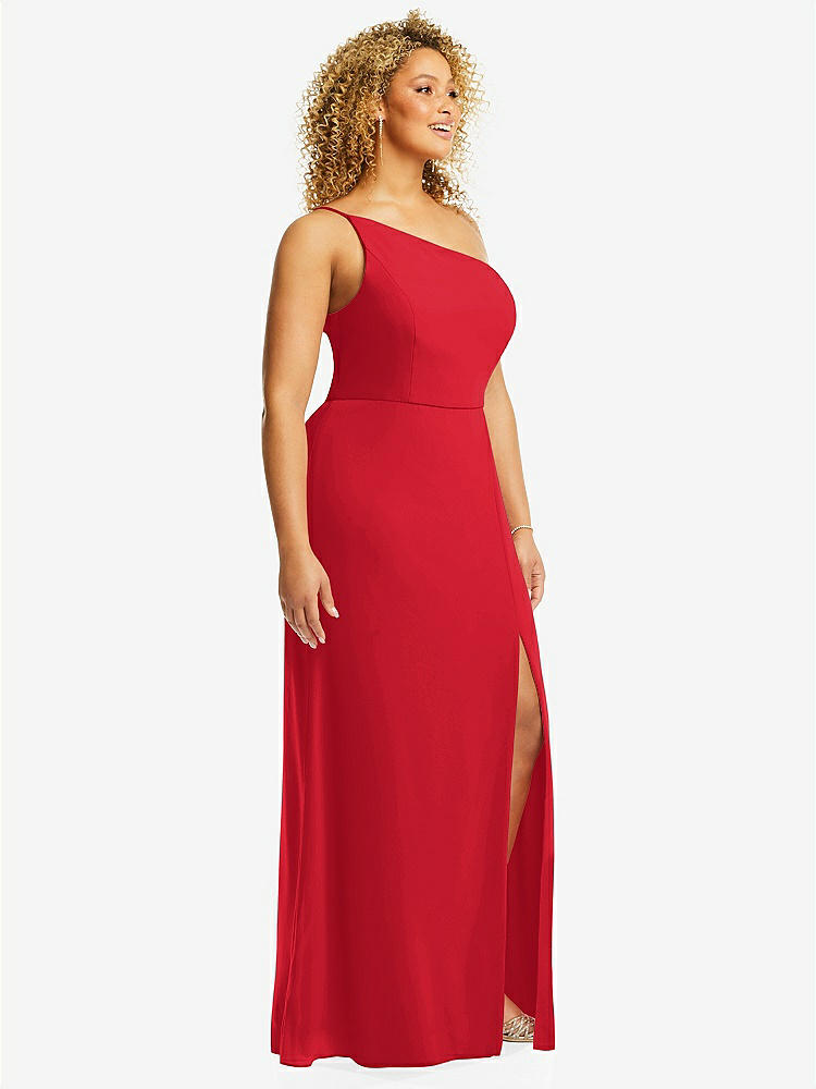 【STYLE: 1544】Skinny One-Shoulder Trumpet Gown with Front Slit【COLOR: Parisian Red】