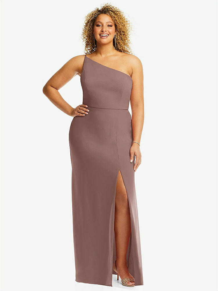 【STYLE: 1544】Skinny One-Shoulder Trumpet Gown with Front Slit【COLOR: Sienna】