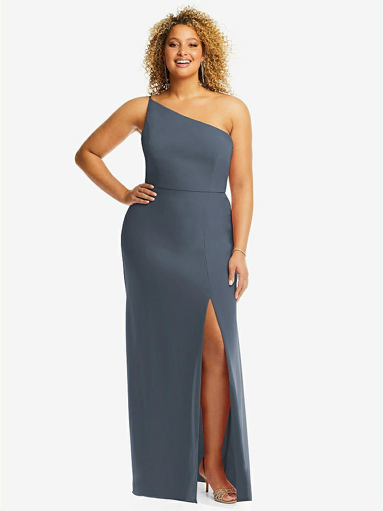 【NEW】【STYLE: 1544】スキニー ワンショルダー トランペット ガウン 前面 スリット【COLOR: Silverstone】【SIZE: 00-30W】