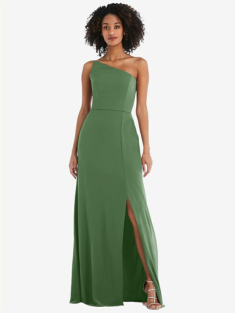 【STYLE: 1544】Skinny One-Shoulder Trumpet Gown with Front Slit【COLOR: Vineyard Green】