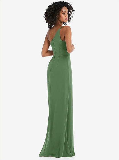 【STYLE: 1544】Skinny One-Shoulder Trumpet Gown with Front Slit【COLOR: Vineyard Green】