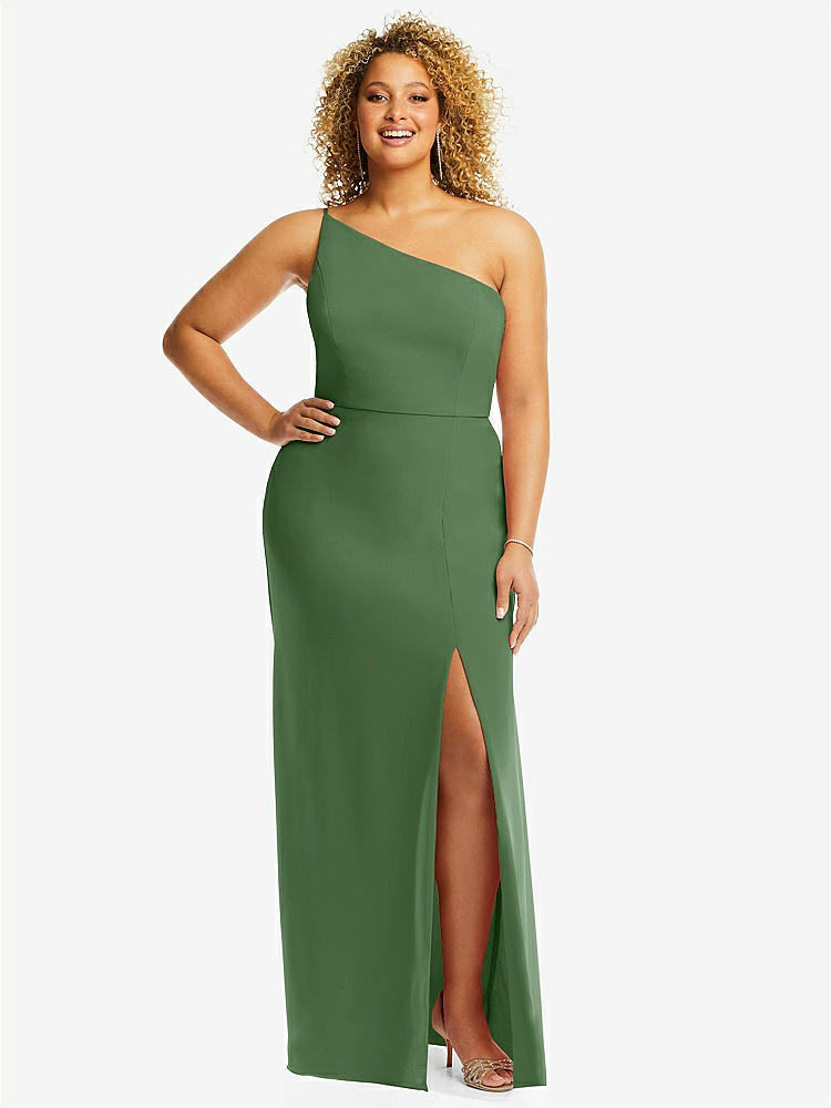 【STYLE: 1544】Skinny One-Shoulder Trumpet Gown with Front Slit【COLOR: Vineyard Green】