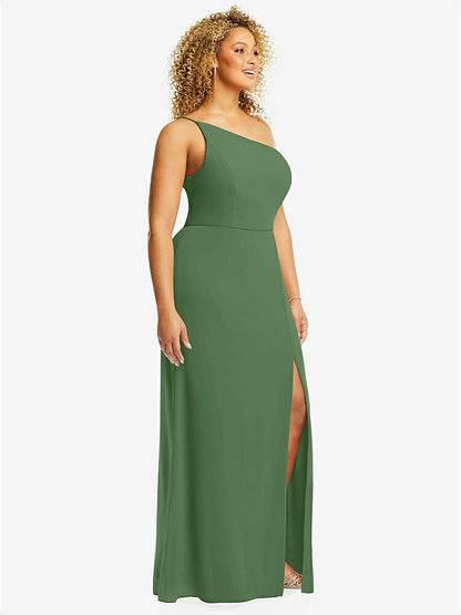 【STYLE: 1544】Skinny One-Shoulder Trumpet Gown with Front Slit【COLOR: Vineyard Green】