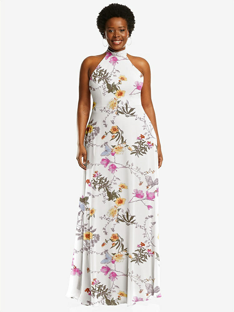 【STYLE: 1545】High Neck Halter Backless Maxi Dress【COLOR: Butterfly Botanica Ivory】