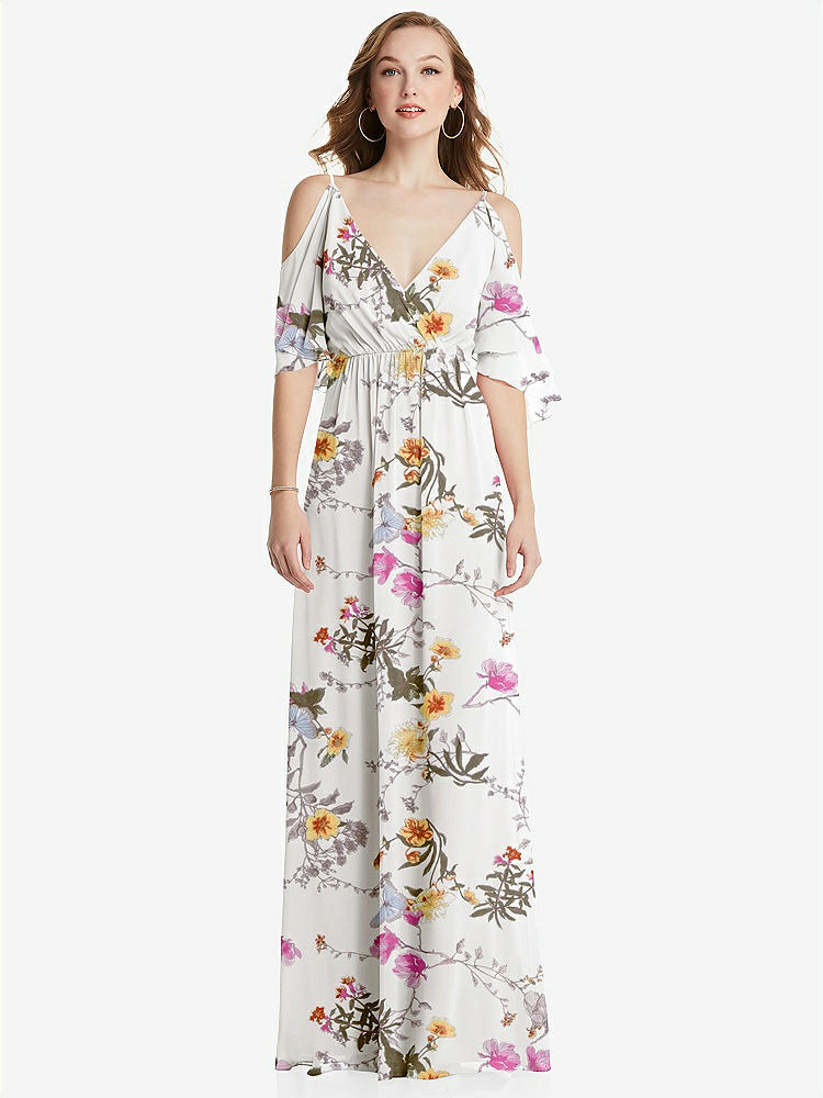 【STYLE: 1547】Convertible Cold-Shoulder Draped Wrap Maxi Dress【COLOR: Butterfly Botanica Ivory】