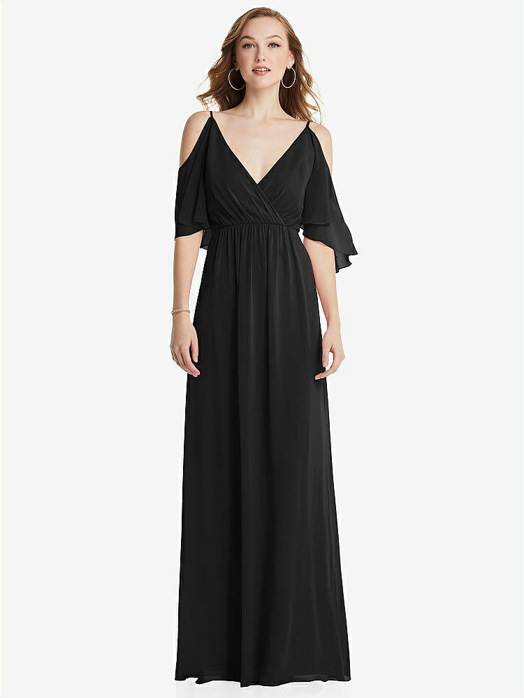 【STYLE: 1547】Convertible Cold-Shoulder Draped Wrap Maxi Dress【COLOR: Black】
