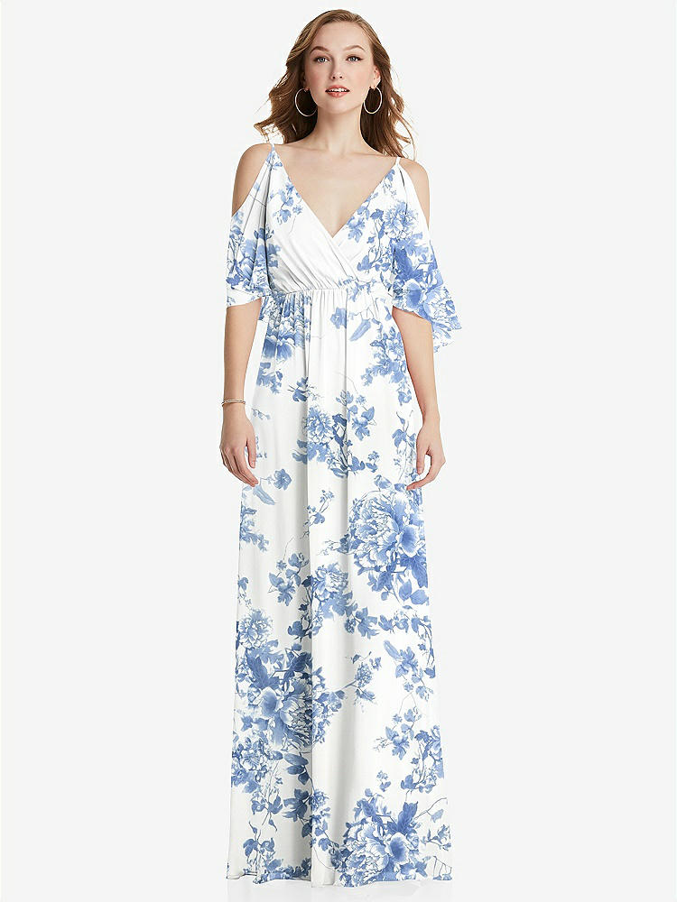 【STYLE: 1547】Convertible Cold-Shoulder Draped Wrap Maxi Dress【COLOR: Cottage Rose Dusk Blue】