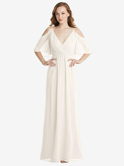 【STYLE: 1547】Convertible Cold-Shoulder Draped Wrap Maxi Dress【COLOR: Ivory】