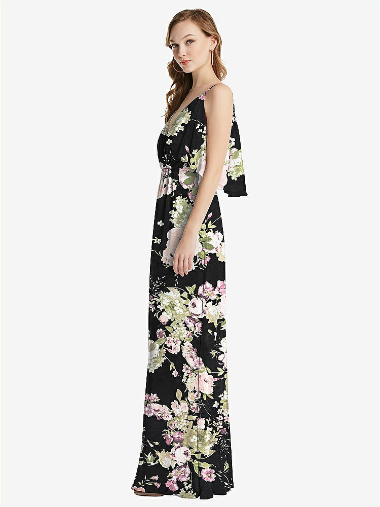 【STYLE: 1547】Convertible Cold-Shoulder Draped Wrap Maxi Dress【COLOR: Noir Garden】