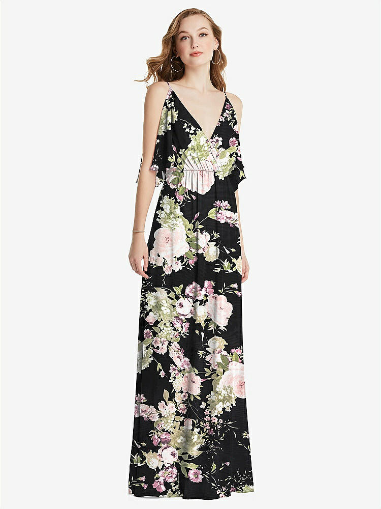 【STYLE: 1547】Convertible Cold-Shoulder Draped Wrap Maxi Dress【COLOR: Noir Garden】