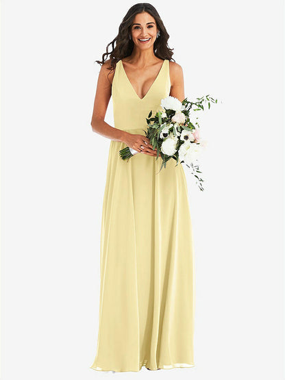 【NEW】【STYLE: 1549】ディープ Vネック シフォン マキシ ドレス【COLOR: Pale Yellow】【SIZE: 00-30W】