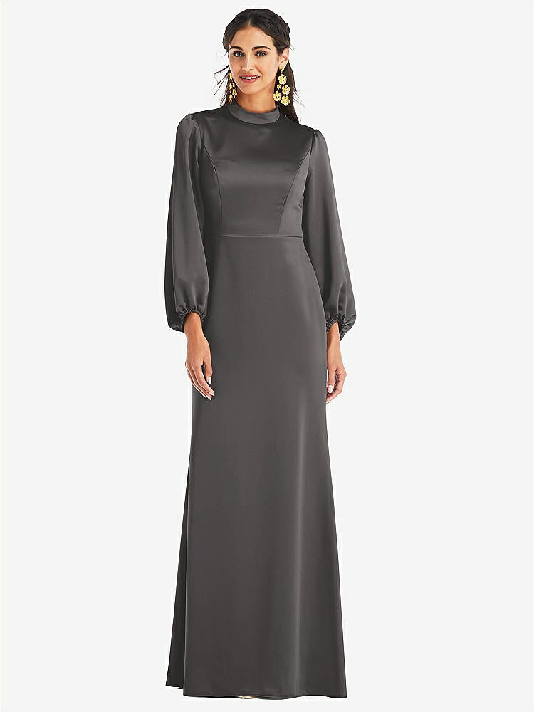 【STYLE: LB023】High Collar Puff Sleeve Trumpet Gown - Darby【COLOR: Caviar Gray】