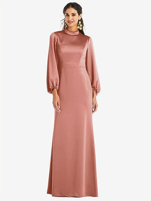 【NEW】【STYLE: LB023】高 襟 パフ スリーブ トランペット ガウン  -  ダービー【COLOR: Desert Rose】【SIZE: 00-30W】