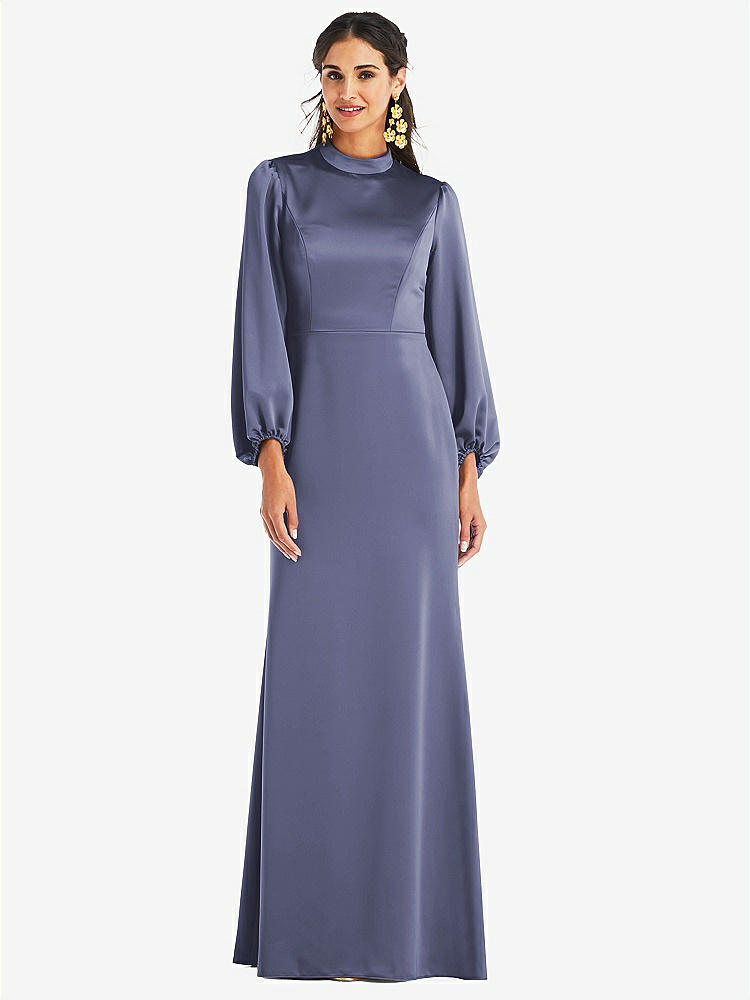 【STYLE: LB023】High Collar Puff Sleeve Trumpet Gown - Darby【COLOR: French Blue】