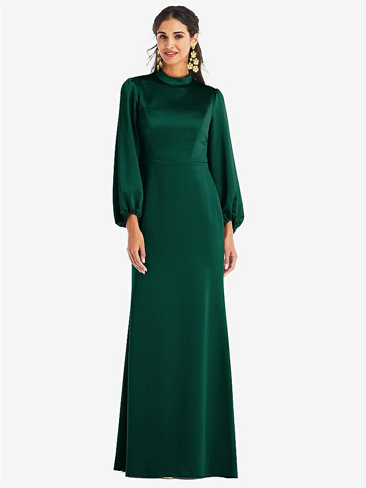 【STYLE: LB023】High Collar Puff Sleeve Trumpet Gown - Darby【COLOR: Hunter Green】