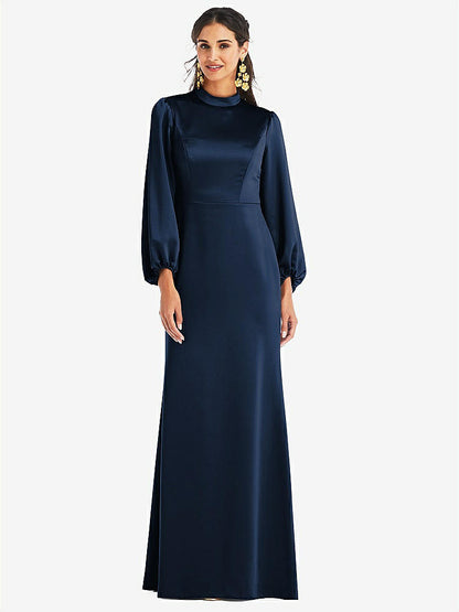 【STYLE: LB023】High Collar Puff Sleeve Trumpet Gown - Darby【COLOR: Midnight Navy】