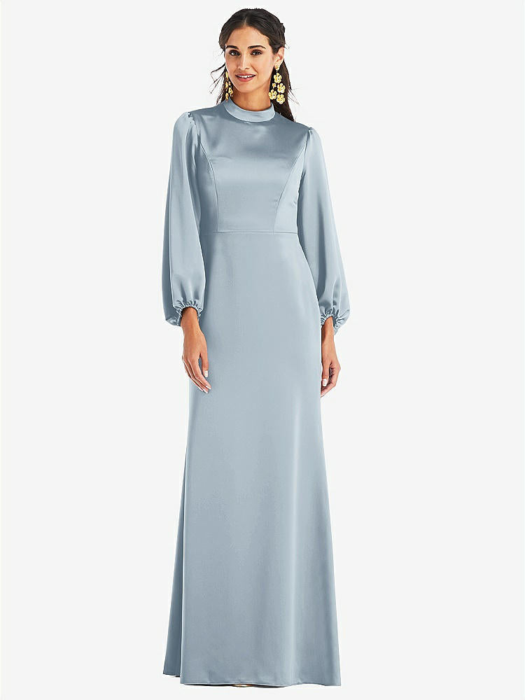 【NEW】【STYLE: LB023】高 襟 パフ スリーブ トランペット ガウン  -  ダービー【COLOR: Mist】【SIZE: 00-30W】