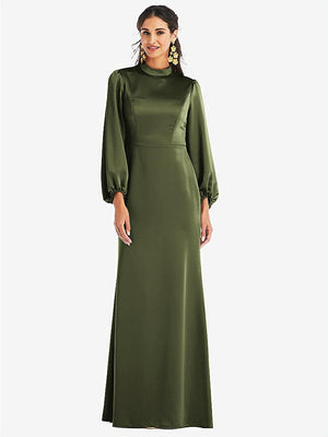 【NEW】【STYLE: LB023】高 襟 パフ スリーブ トランペット ガウン  -  ダービー【COLOR: Olive Green】【SIZE: 00-30W】