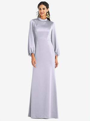【NEW】【STYLE: LB023】高 襟 パフ スリーブ トランペット ガウン  -  ダービー【COLOR: Silver Dove】【SIZE: 00-30W】
