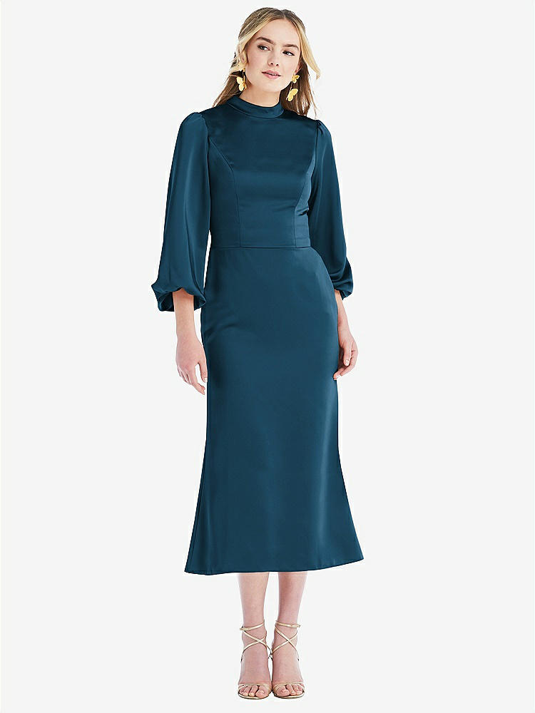 【NEW】【STYLE: LB024】高 襟 パフ 袖 MIDI ドレス  -  ブロンウィン【COLOR: Atlantic Blue】【SIZE: 00-30W】