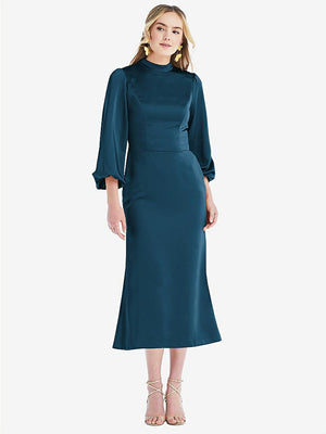 【NEW】【STYLE: LB024】高 襟 パフ 袖 MIDI ドレス  -  ブロンウィン【COLOR: Atlantic Blue】【SIZE: 00-30W】