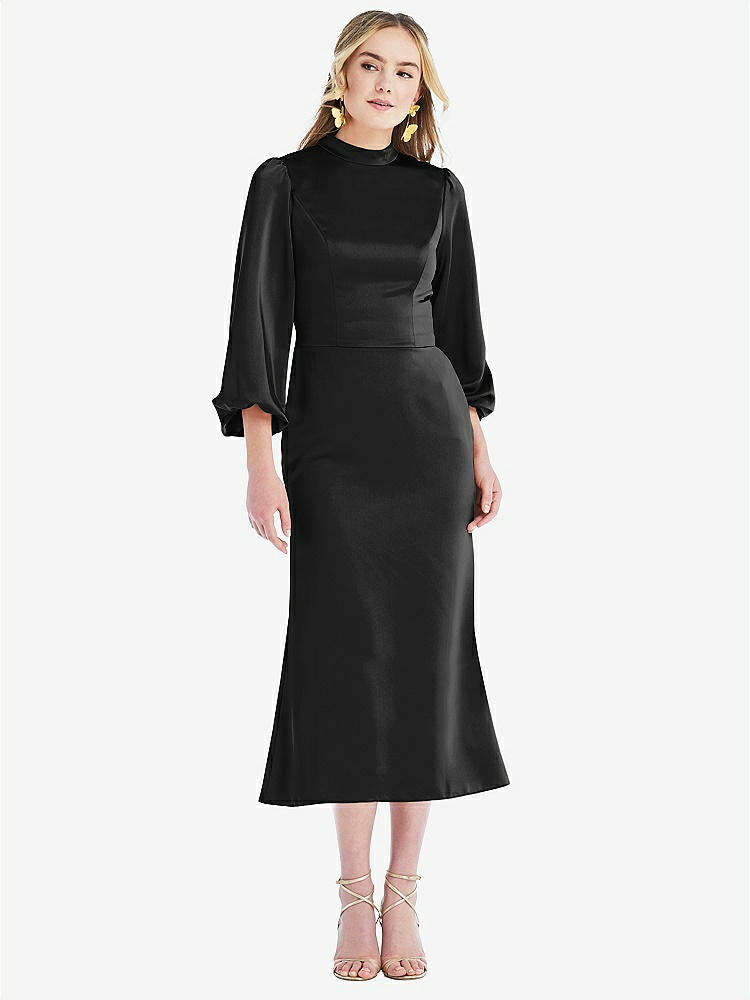 【STYLE: LB024】High Collar Puff Sleeve Midi Dress - Bronwyn【COLOR: Black】