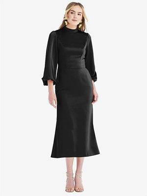 【NEW】【STYLE: LB024】高 襟 パフ 袖 MIDI ドレス  -  ブロンウィン【COLOR: Black】【SIZE: 00-30W】