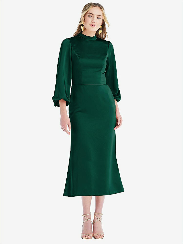 【STYLE: LB024】High Collar Puff Sleeve Midi Dress - Bronwyn【COLOR: Hunter Green】