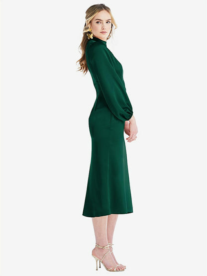 【STYLE: LB024】High Collar Puff Sleeve Midi Dress - Bronwyn【COLOR: Hunter Green】