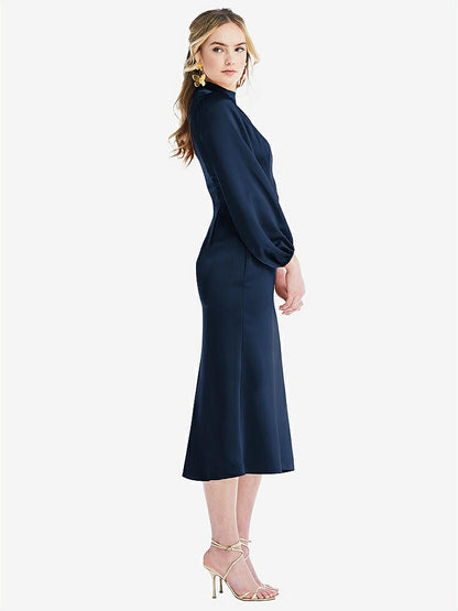 【NEW】【STYLE: LB024】高 襟 パフ 袖 MIDI ドレス  -  ブロンウィン【COLOR: Midnight Navy】【SIZE: 00-30W】