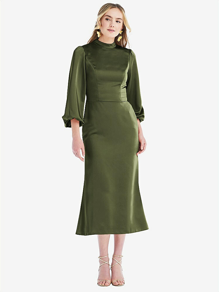 【STYLE: LB024】High Collar Puff Sleeve Midi Dress - Bronwyn【COLOR: Olive Green】