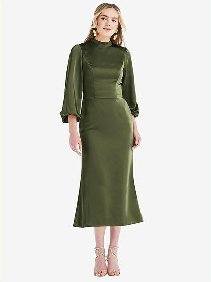 【STYLE: LB024】High Collar Puff Sleeve Midi Dress - Bronwyn【COLOR: Olive Green】