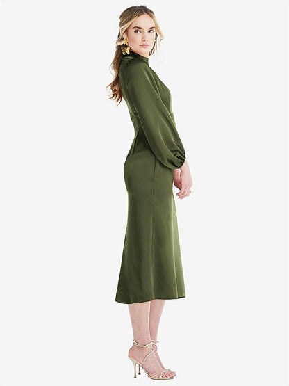 【STYLE: LB024】High Collar Puff Sleeve Midi Dress - Bronwyn【COLOR: Olive Green】