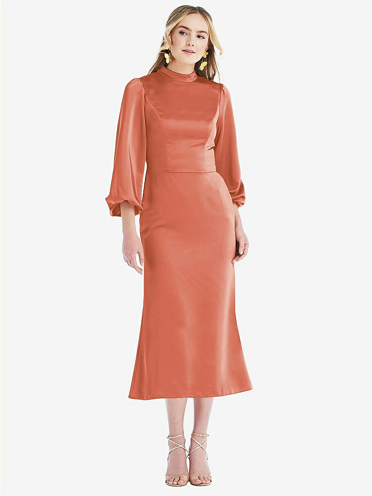 【STYLE: LB024】High Collar Puff Sleeve Midi Dress - Bronwyn【COLOR: Terracotta Copper】